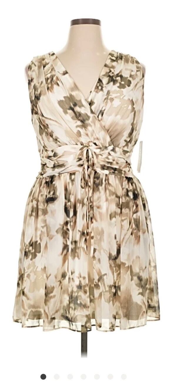 NWT DKNY Sleeveless Floral Chiffon Dress Size 12 Beige Brown Fit & Flare